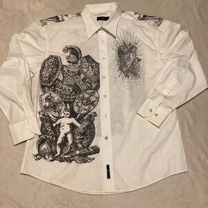 Men's White and Black Graphic Button Down Shirt